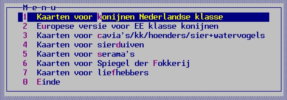 Bij één totale lijst worden aan het begin van de regel eerst het fokkerskaartnummer van KLN en dan van de NBS afgedrukt.