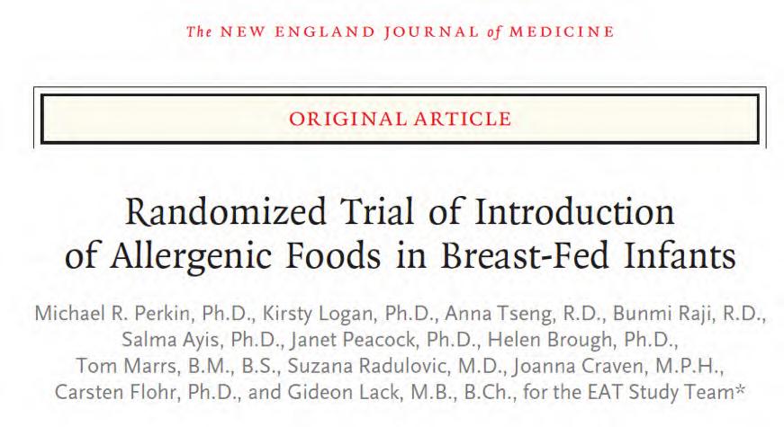 EAT trial: Perkin et al, NEJM (2016);374(18):1733-43 Vraagstelling: Geeft vroege introductie (vanaf 3 maanden) van 6 hoog-risico allergenen onder borstvoeding minder