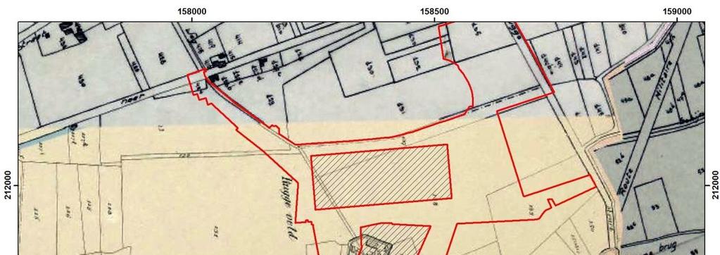 Figuur 15: kaart uit 1842 1879 van Popp met het projectgebied (bron GIS stad Antwerpen) Op de Ferrariskaart is het landgebruik goed af te lezen.