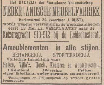 In een advertentie van 15-05-1899 en 05-06-1899 in de krant Het Nieuws van den Dag wordt de meubelzaak gepresenteerd.