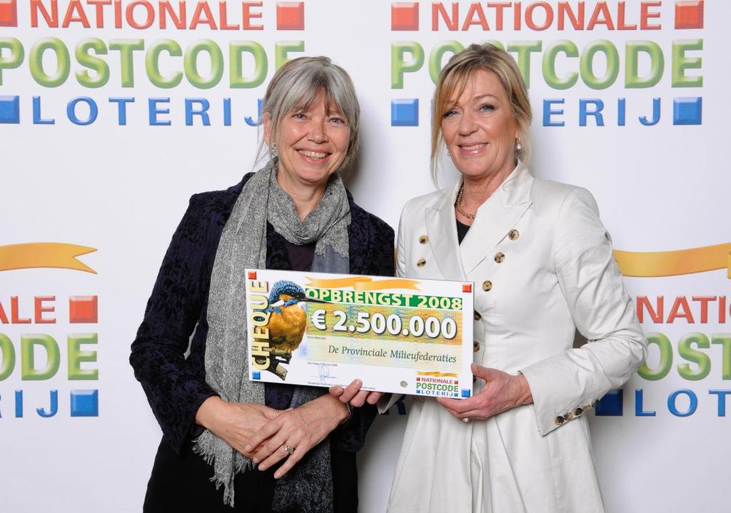 Nationale Postcode Loterij Tijdens het jaarlijkse Goed Geld Gala van de Nationale Postcode Loterij in februari 2009 heeft Rita Kwakkestein namens de Provinciale Milieufederaties een cheque van 2,5