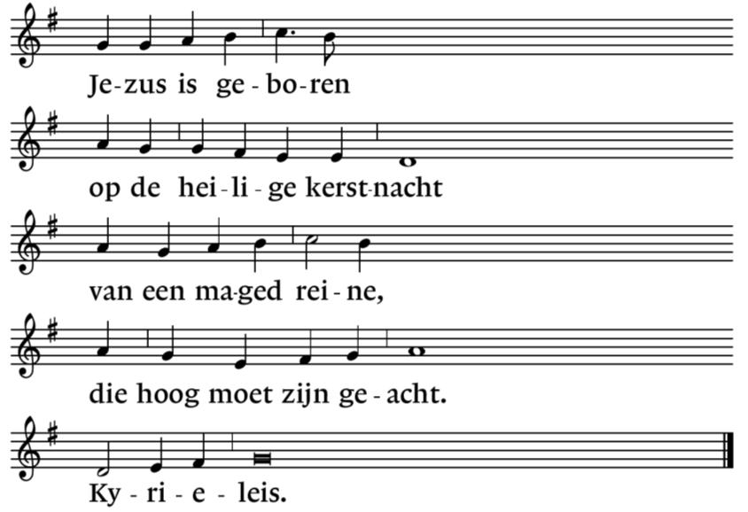 allen: 3 Herders op den velde hoorden een nieuw lied, dat Jezus was geboren, zij wisten t niet. Gaat aan gene straten en gij zult Hem vinden klaar. Bet lem is de stede, daar is t geschied voorwaar.