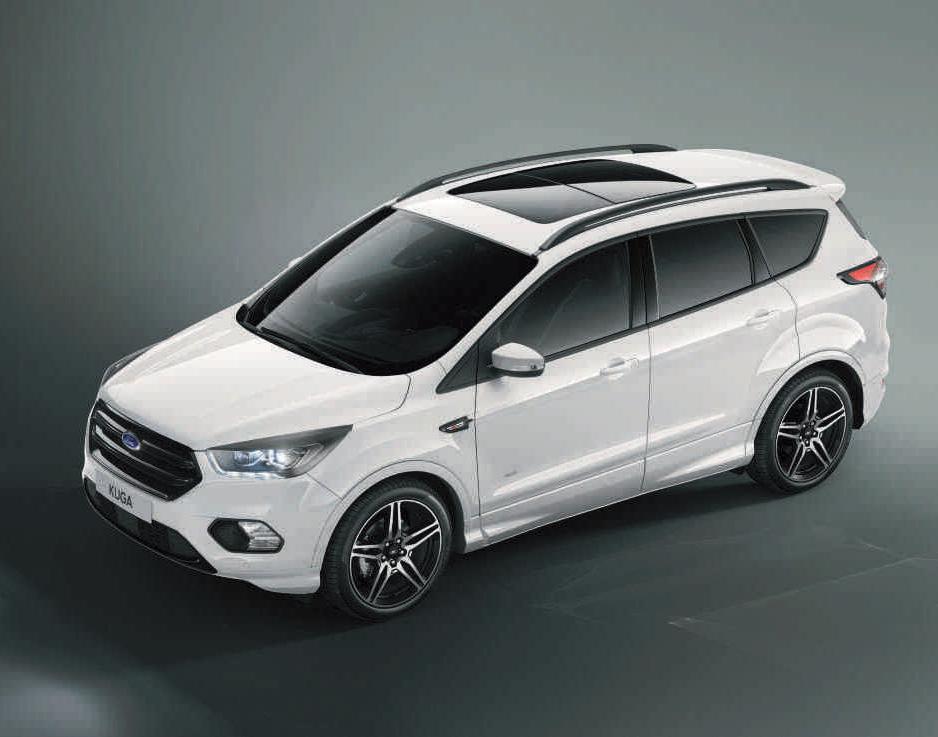 FORD KUGA Velgen Getoond model is een Kuga ST-Line in de effen carrosseriekleur Frozen White, met optionele grote achterspoiler en 19 inch lichtmetalen velgen.