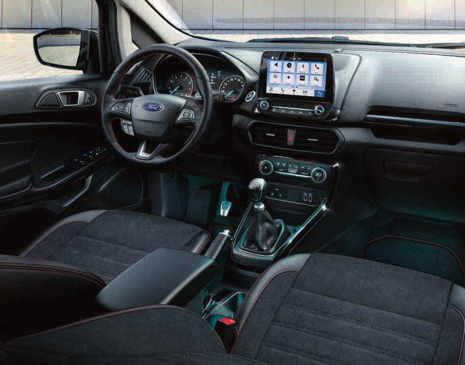 vóór en achter met rood stiksel Ford KeyFree-systeem met Ford Power startknop Radio inclusief Ford SYNC 3 met spraaksturing en 8 inch Touch & Swipe scherm,navigatie, zeven luidsprekers, Bluetooth -