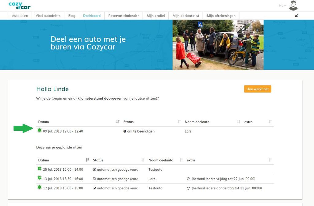 Of als je op je dashboard komt: Via de 3 bovenstaande opties kom je dus terecht op de pagina waar je je rit(ten) kan