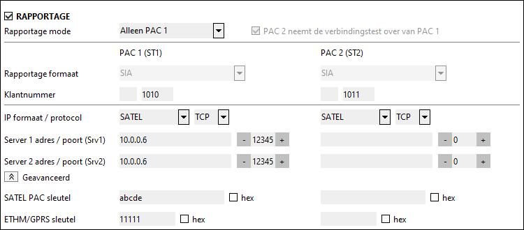 4 GSM-X SATEL 2.2.2 Selecteer bij Rapportage mode Alleen PAC 1. 2.2.3 Selecteer het rapportage formaat SIA. 2.2.4 Voer het klantnummer in. 2.2.5 Kies bij IP formaat / protocol SATEL en TCP. 2.2.6 Voer het IP adres of domeinnaam van de meldkamer in bij Server adres 1 en de poort.