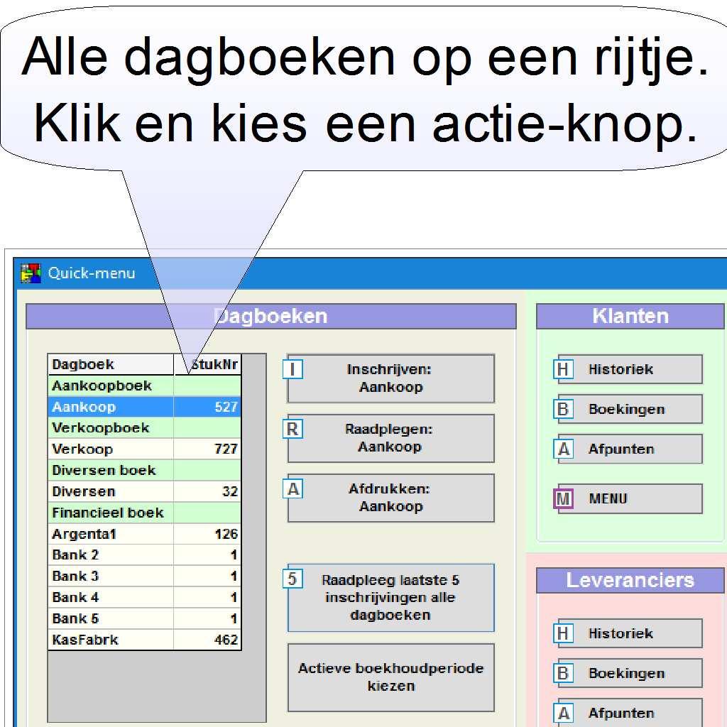 Quick-menu (PRO+KMO): geeft op één scherm: *