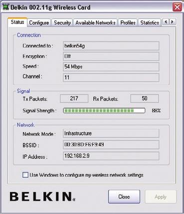 Gebruik maken van de Belkin Wireless Network Utility Toegang tot de Belkin Wireless Utility Dubbelklik op het signaalindicatorpictogram om het scherm genaamd Belkin Wireless Utility te laten