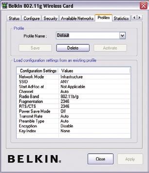 Gebruik maken van de Belkin Wireless Network Utility Profielen instellen voor uw draadloze netwerk Klik op het tabblad Profiles (Profielen) om een profiel voor een draadloos netwerk op te slaan of