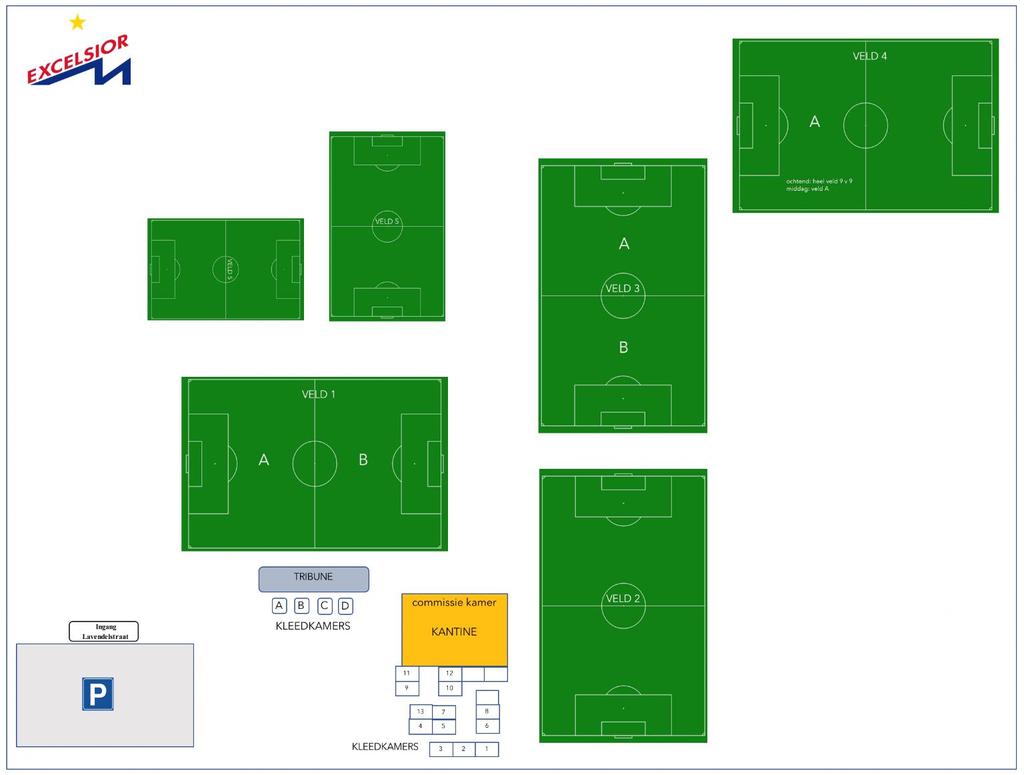 Plattegrond Sportpark Dijkpolder: Veld 1a en 1b liggen aan de linkerkant van het veld.