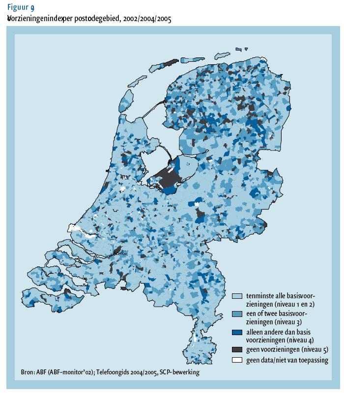 Figuur 3.8 Kaart voorzieningenindex per postcodegebied Bron: SCP, Thuis op het platteland. De leefsituatie van platteland en stad vergeleken. Den Haag, januari 2006. 3.1.5 Leader In Nederland is 16.