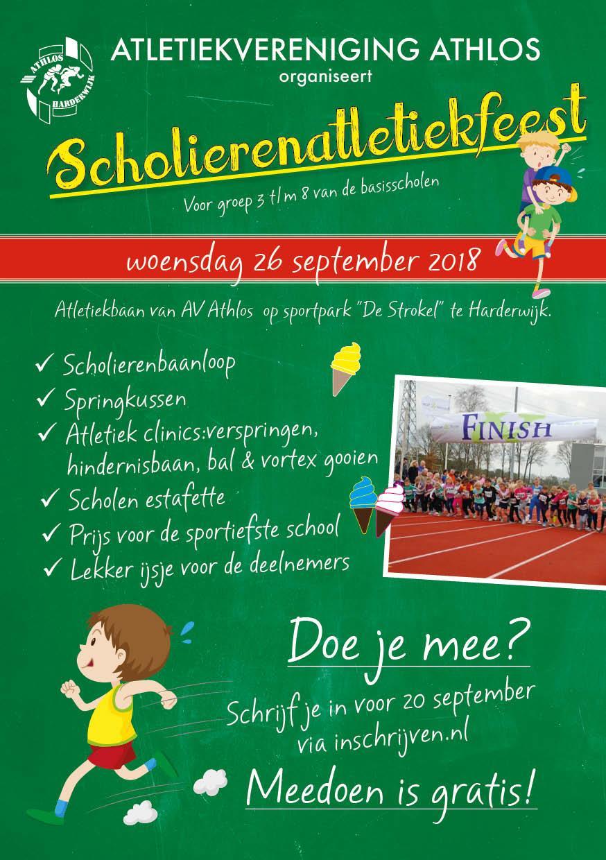 Atletiekfeest Atletiekvereniging Athlos organiseert woensdagmiddag 26 september weer het scholierenatletiekfeest voor alle basisschoolkinderen van de groepen 3 t/m 8.