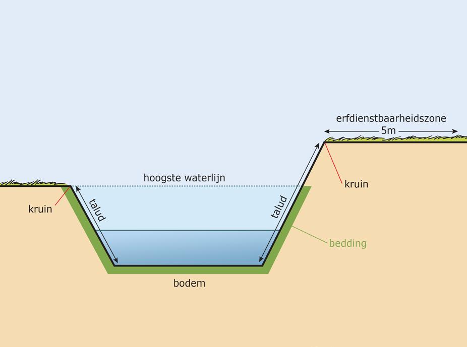 Enkele begrippen De kruin is de rand van een waterloop, waar het schuine talud eindigt en het horizontale deel van de oever begint.