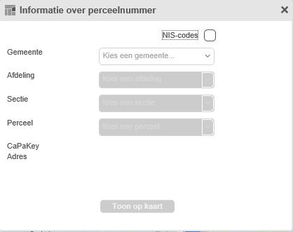 - Afdeling - Sectie - Perceelidentificatie Klik op de knop en kies uit de voorgestelde waarden in de keuzelijsten. Na keuze wordt het perceelnummer opgebouwd en bijbehorend adres getoond.