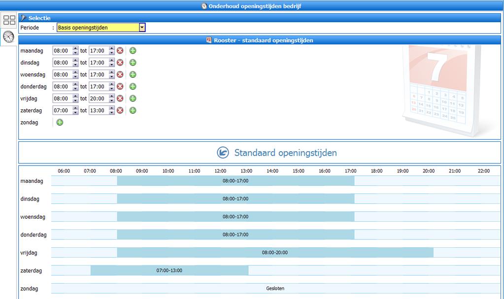 Onderhoud planning Openingstijden Voor het goed kunnen inplannen is het noodzakelijk dat u de openingstijden van het bedrijf vastlegt.