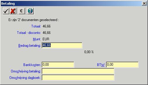 Bijvoorbeeld: Klant A betaalt één bedrag van 46,66 euro, maar dit bedrag is voor 2 openstaande facturen van elk 23,33 euro.