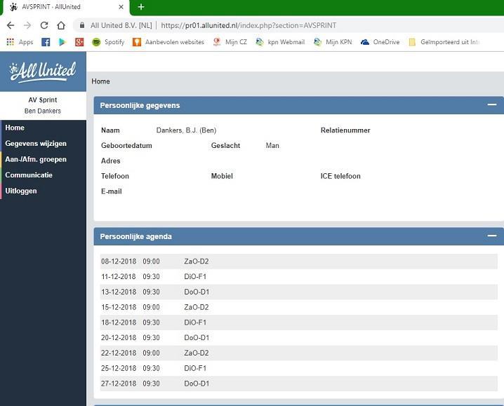 Ledenmodule - startpagina Eenmaal ingelogd, komt een startscherm in beeld (bijv. onderstaande afbeelding). Hier staan je gegevens voor zover ze bij de administratie bekend zijn.