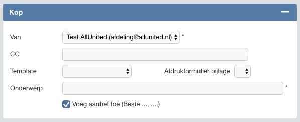 Achter het veld 'Van' wordt het e-mailadres getoond, welke vanuit de afdeling bekend is. In de 'CC' kan een emailadres worden geplaatst waar een kopie van de e- mail heen kan.