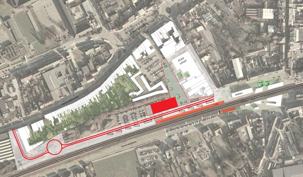 1ste fase > kopgebouw + busstation + luifel +fietsenstallingen + gedeelte plein aan school +