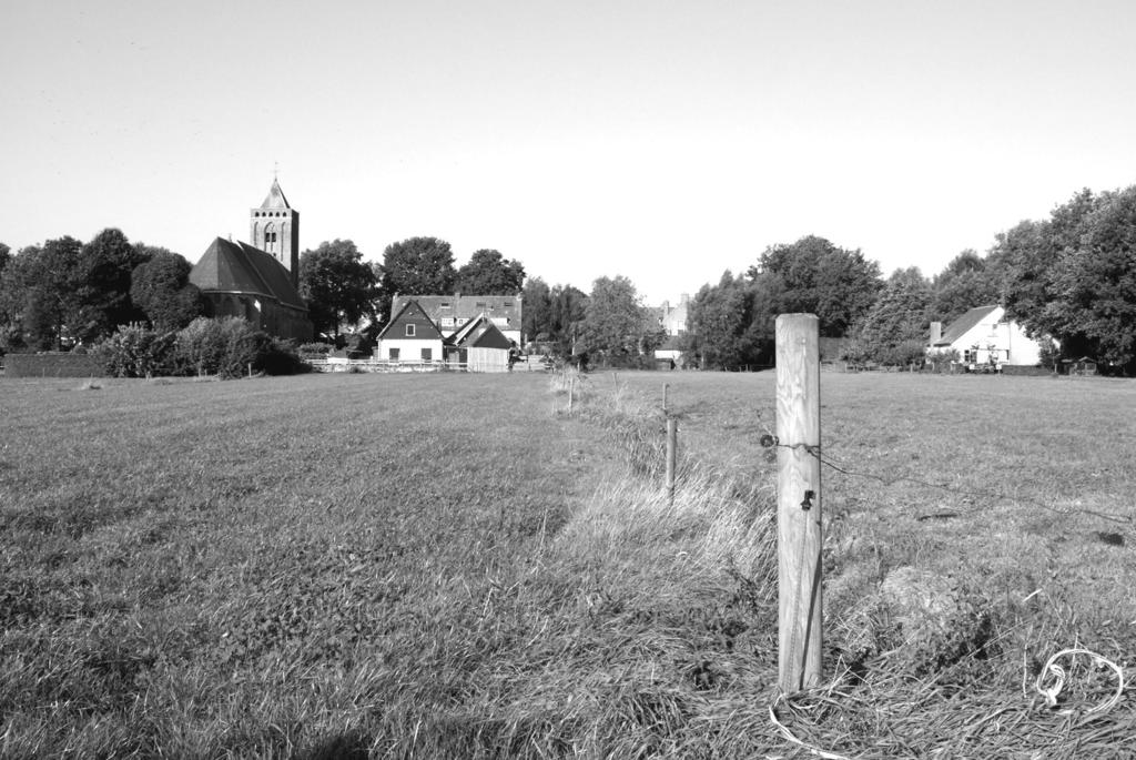 Foto met links Pieterskerk / Dikke Torentje en een paaltje rechts vóór. Zicht vanuit het weiland in de polder naar de Pieterskerk.