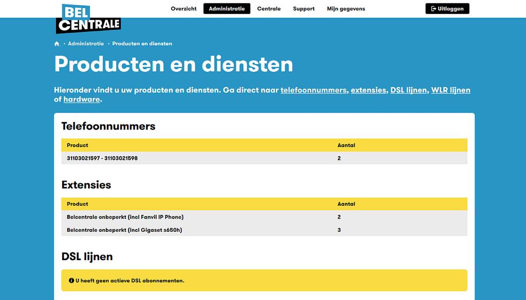 Producten en diensten We gaan via de Administratie-pagina nu door naar Producten en diensten.