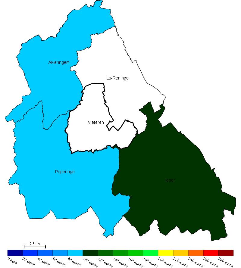 Vastgoed Prijs van bouwgrond in Vleteren en omgeving Gemiddelde prijs in e/m 2 van bouwgrond in Vleteren en omgeving Bron : Berekeningen van de ADSEI (FOD Economie) op basis