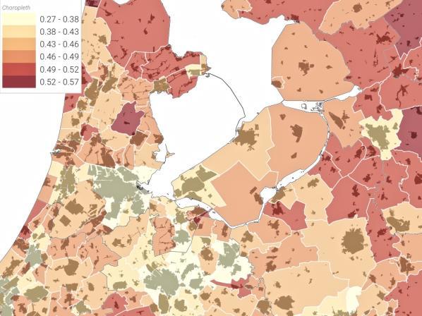 Figuur 4. Aandeel van middengeschoolde werknemers (havo/vwo/mbo) in de werkgelegenheid 4a Aandeel in 2015 (%) 4b Verschil tussen aandeel in 2007 en 2015 Bron: CBS microdata SSB 2007-2015 Figuur 5.