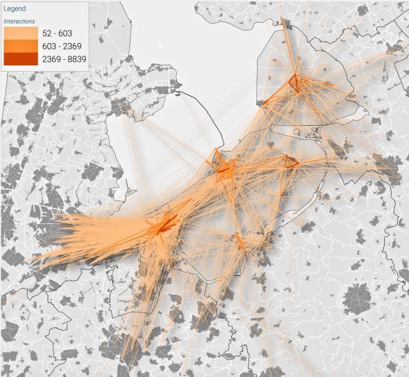 3. Ruimtelijke netwerken: woonwerkpendel De samenhang in het economische kerngebied tussen Amsterdam, Utrecht, Apeldoorn en Zwolle en de uitsorteringen die daarbinnen plaatsvinden naar