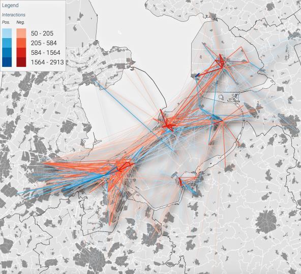 Omdat Flevoland geen grote economische centra kent maar wel centraal in de kernzone is gelegen zijn de dagelijkse pendelstromen binnen, naar en vooral vanuit Flevoland omvangrijk (zie figuur 12a).