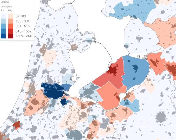 Figuur 18. Verplaatsingen voor onderwijs tussen gemeenten binnen, vanuit en naar Flevoland, en gemeentelijke saldi van in- en uitgaande verplaatsingen. Voor toelichting zie blz.