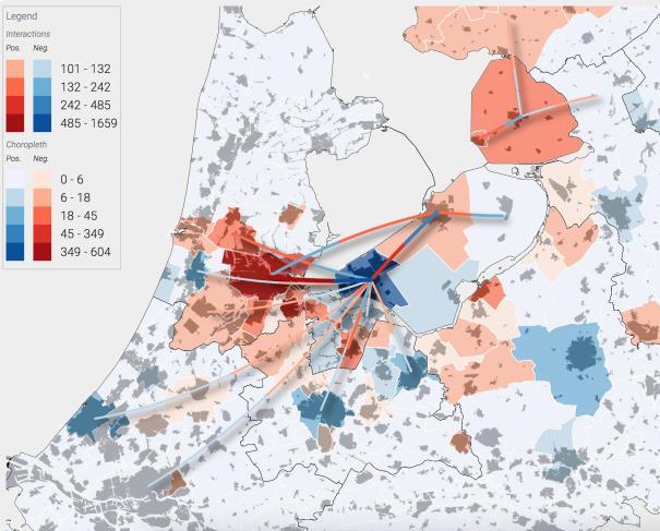 Figuur 21. Verhuizingen van werkenden op mavo-, havo- en mbo-niveau tussen gemeenten binnen, vanuit en naar Flevoland, en gemeentelijke verhuissaldi.