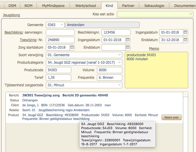 In het JW301 toewijzingsbericht dat getoond wordt in het tabbad Kind vindt u alle informatie die u nodig hebt om de behandeling goed te registreren: Beschikkingsnummer, Toewijzingsnummer (vaak gelijk