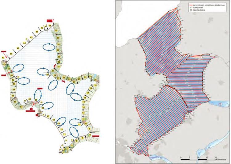 Figuur 7. De standaard transecten die gevlogen worden tijdens de RWS watervogeltellingen op IJsselmeer en Markermeer (links) en de gebiedsdekkende transecten van Bureau Waardenburg (uit: Poot et al.