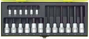 TX-schroefbits voor 1/4" (6,3 mm)- opname van Gr. TX 8 tot TX 30 en buiten-tx Gr. E 4 tot E 10 (alle voor aanspandraaimomenten tot 25 Nm).