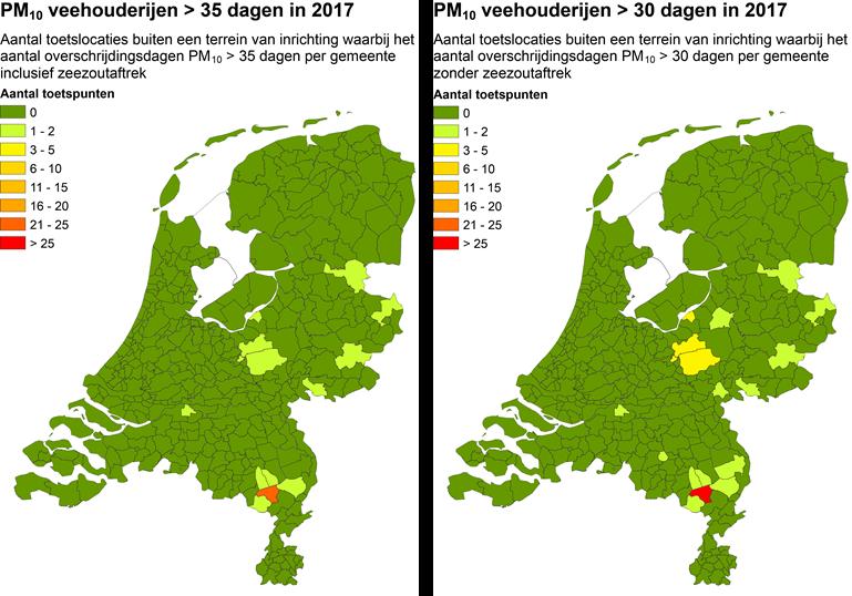 Figuur 6 Aantal toetspunten per gemeente met een overschrijding van de PM 10 - etmaalnorm in 2017 nabij veehouderijen (links) en met een bandbreedte van vijf overschrijdingsdagen (rechts).