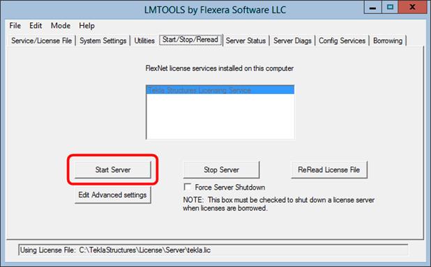 De regel License server status geeft in de statuslijst de TCP/IP-poort en de hostnaam van de licentieserver weer.