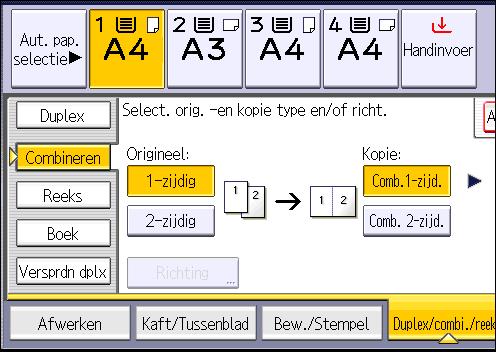 3. Kopiëren 3. Selecteer [1-zijdig] of [2-zijdig] bij [Origineel:]. 4. Druk op [Comb. 2-zijd.]. 5. Druk op [Richting]. 6.