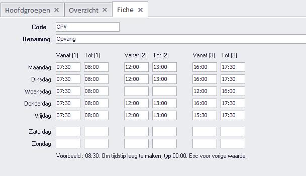 3 Opzet van de registratie-artikelen Om dagregistraties te kunnen maken voor leerlingen, dien je eerst vast te leggen tussen welke tijdstippen de opvang kan plaatsvinden.