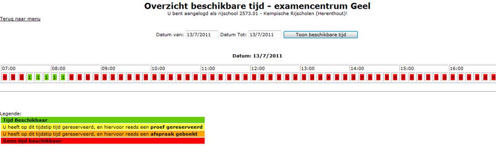 9. Uw toepassingen : Overzicht Beschikbare tijd examencentrum Vanuit dit scherm kan u voor een bepaalde periode de beschikbare tijd van het