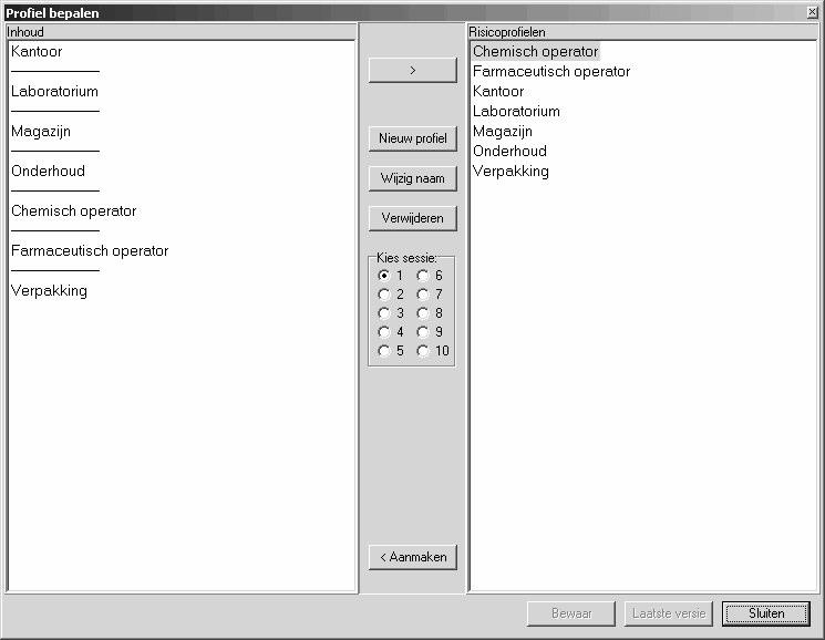 4.6 Risicoprofielen In het menu <BEELD> kunt u <PROFIELEN> selecteren. Met behulp van deze functie kunt u de standaard aagemaakte risicoprofielen beheren.