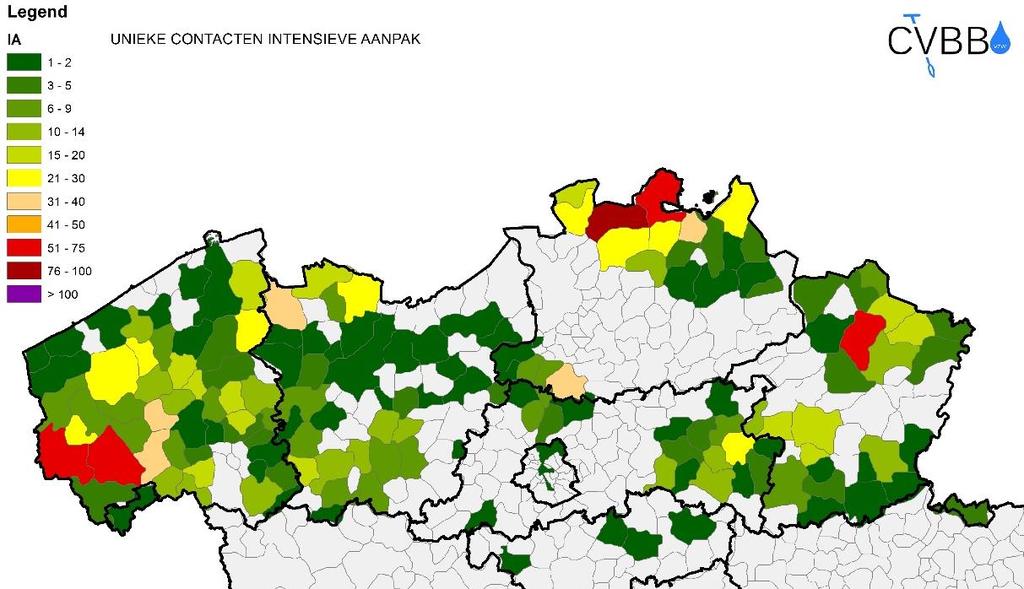 Aantal landbouwers 3.3.2. Aantal landbouwers en spreiding Hoeveel Vlaamse landbouwers zijn betrokken bij het project? Na 3 jaar zijn er dit al meer dan 1100 (figuur 30).
