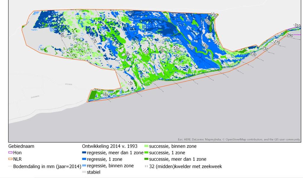 Ruimtelijk beeld van successie en regressie op het Neerlands Reid. In het Oosten en Noordoosten overheerst regressie, in het Zuidwesten is vooral successie.