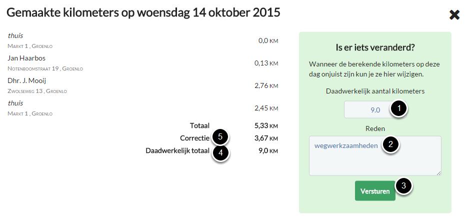 Ook kan in dit scherm een aantal kilometers ingevoerd worden als er wel kilometers gemaakt zijn, maar geen cliënten bezocht (bijvoorbeeld bij indirecte uren).