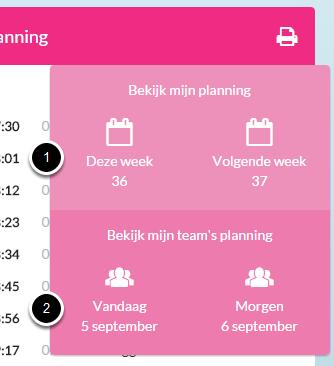 PDF van de planning bekijken Nadat de printknop van de planning is aangeklikt, volgt een keuze: 1. Bekijk je eigen planning, waarbij je de keuze hebt tussen deze week of volgende week. 2.