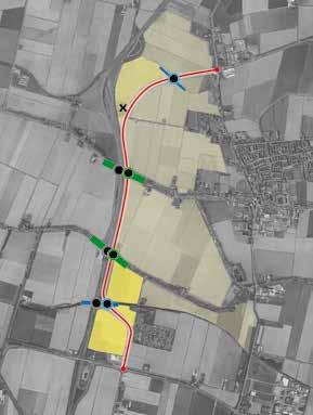 West 1: gebundeld met de snelweg West 2: parallel aan snelweg West 3: middendoor West 4: strak langs de dorpsrand plussen op ruime afstand van dorpsrand beperkte extra doorsnijding landschap (noord