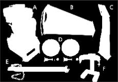 Uitwerpschacht D. 2 x wiel, as, splitpen, afdekkap E. trekhaak met aanhangwagenkoppeling F. draagsteun 5.