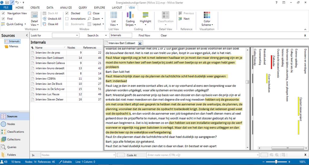 Cderen en analyseren van kwalitatieve data via Nviv Uitgetypt interview met highlights (= gemarkeerde delen) Overzicht van de gebruikte