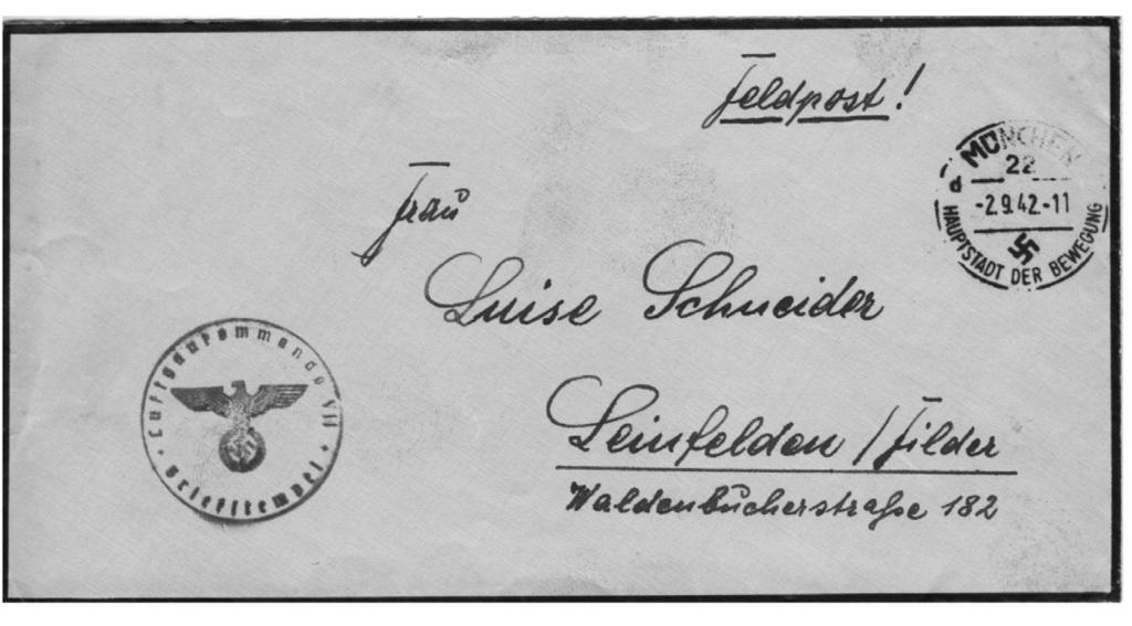FELDPOST rouwomslag van München naar Leinfeld, van 2 september 1942. De brief is afkomstig van een feldwebel uit München, er zat geen brief in de omslag.