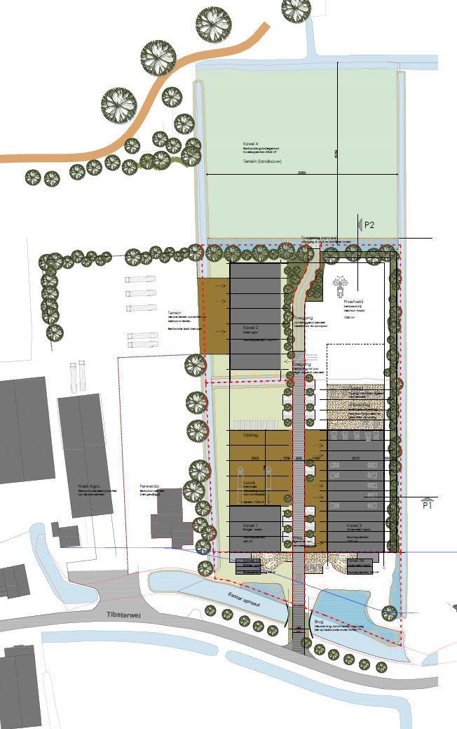 H e t p l a n De bestaande gebouwen zijn achter het (thans gesloopte) molencomplex gebouwd. Ze staan dus naar achteren, teruggerooid t.o.v. de Tibsterwei. Ze staan als het ware in een tweede regel.