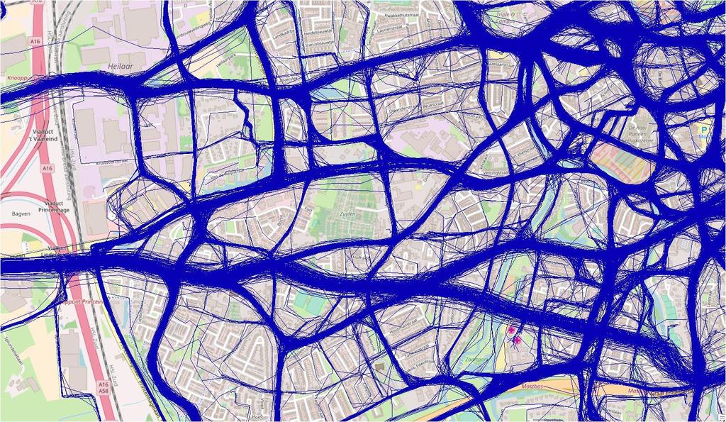 Afbeelding 2. Fietsroutes in het netwerk. Elke fietsroute is een blauwe lijn: een veel gebruikte verbinding bevat veel blauwe lijnen.